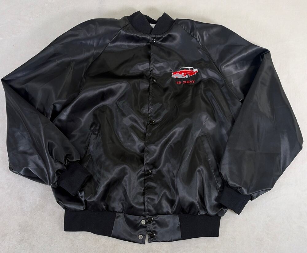 Vintage 80s 56' CHEVY Embroidered Black Satin Bomber Jacket Chevrolet USA XL